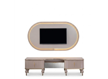 Moderne Beige Wohnwand Garnitur Designer RTV-Lowboard Wandpanel 2tlg