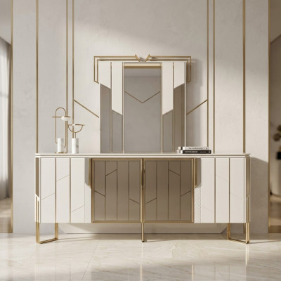 Luxus Sideboard mit Spiegel Anrichte Kommode Schrank Holz Weiß Design