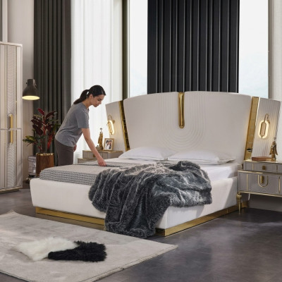 Schlafzimmer Doppelbett Garnitur Bett Nachttische Weiß 3tlg Luxus