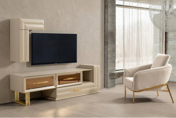 Wohnwand RTV Lowboard Sideboard TV Ständer Wandschrank Beige Moderne