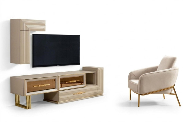 Wohnwand RTV Lowboard Sideboard TV Ständer Wandschrank Beige Moderne