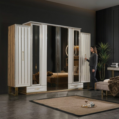 Garderobenschrank Luxus Kleiderschrank Holzschrank mit Spiegel Beige
