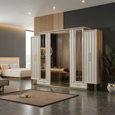 Garderobenschrank Luxus Kleiderschrank Holzschrank mit Spiegel Beige