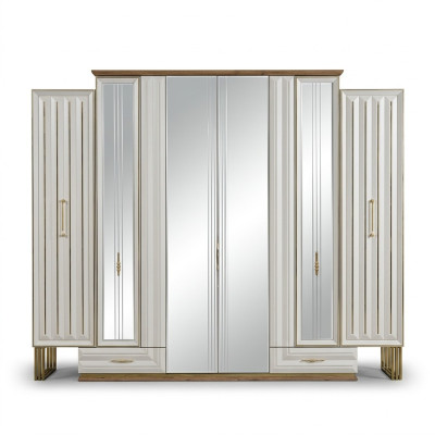 Garderobenschrank Luxus Kleiderschrank Holzschrank mit Spiegel Beige