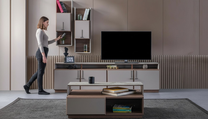 Gruppe Wohnzimmer TV Ständer Wandschränke Lowboard Grau Sofatisch 3tlg