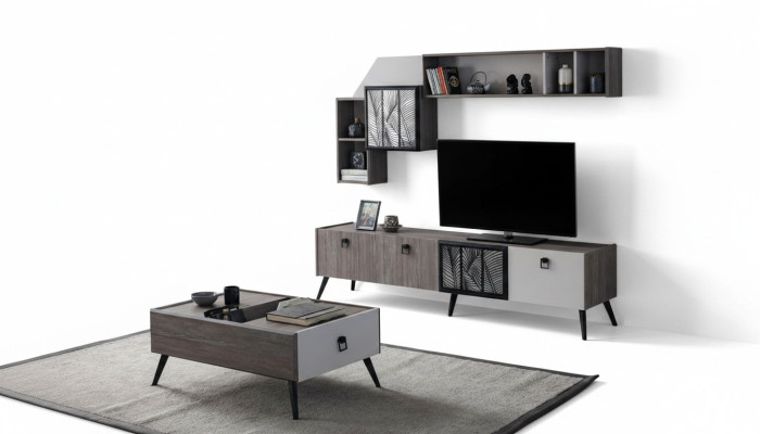 Gruppe Wohnzimmer TV Ständer Wandschränke Lowboard Grau Sofatisch 3tlg