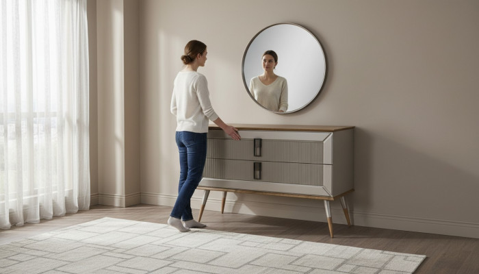 Braune Designer Kommode Edler Rundspiegel Luxus Schminktisch Set 2tlg