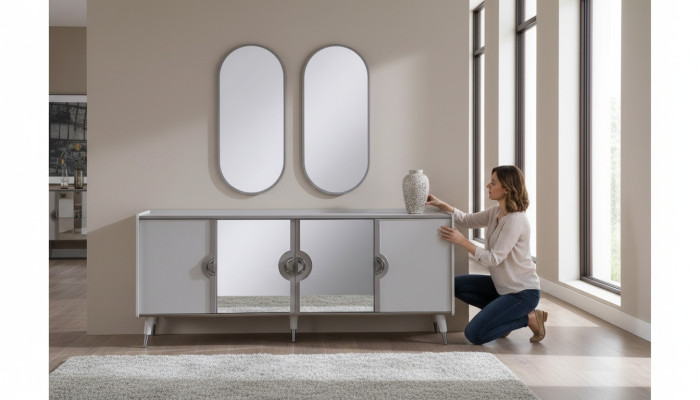 Graue Möbel Garnitur Designer 4-türiges Sideboard Exklusive Spiegel 3tlg