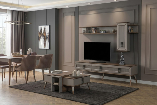 Designer Wohnzimmer Garnitur TV-Ständer Holz Regale Couchtisch RTV Neu