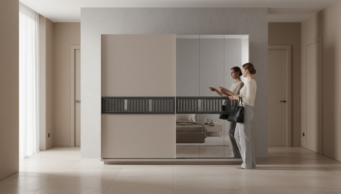  Moderner Beiger Schlafzimmer Kleiderschrank Spiegelschrank Holz Möbel