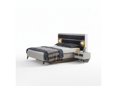 Grau-weiße Schlafzimmer Garnitur Doppelbett 2x Nachttische 3tlg Set