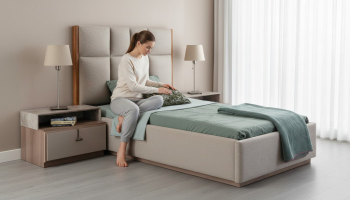Beige Kinderzimmergarnitur Designer Einzelbett Holz Nachttisch 2tlg Set