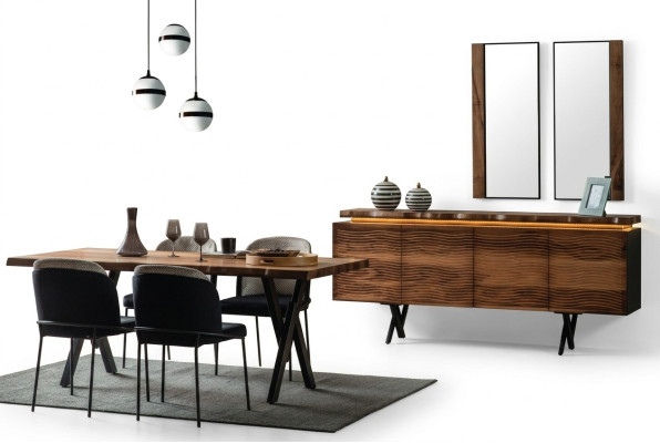 Komplette Braun-Schwarze Essgruppe Designer Holz Esstisch Polsterstühle