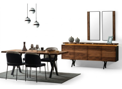 Komplette Braun-Schwarze Essgruppe Designer Holz Esstisch Polsterstühle