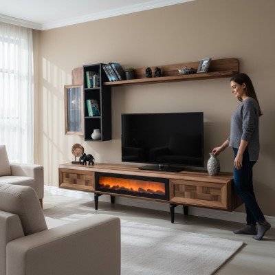 Braune Wohnzimmer Wandgarnitur Designer TV-Ständer RTV Holz Regale LED