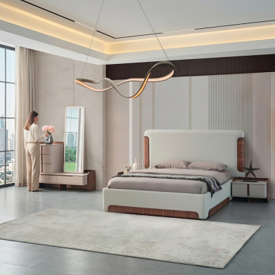 Stilvolle Beige Schlafzimmer Möbel Polster Doppelbett Schminktisch 5tlg
