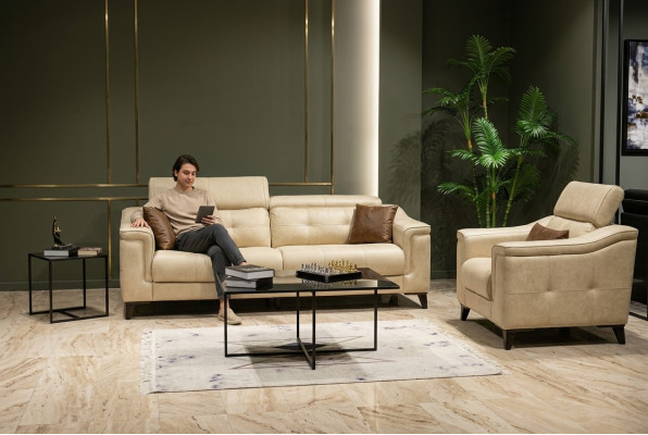 Beiger Wohnzimmer Dreisitzer Leder 3-Sitzer Polster Couch Holzgestell