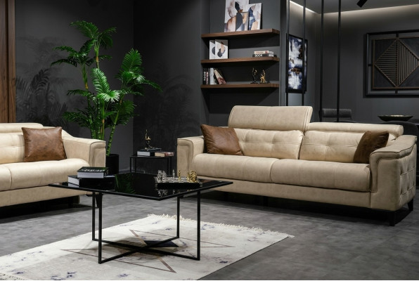 Beiger Wohnzimmer Dreisitzer Leder 3-Sitzer Polster Couch Holzgestell