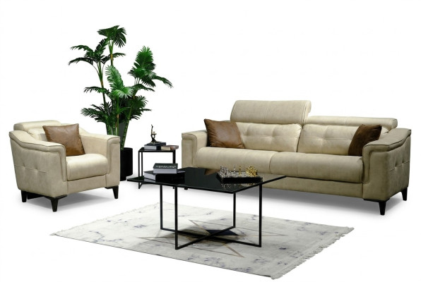 Beiger Wohnzimmer Dreisitzer Leder 3-Sitzer Polster Couch Holzgestell
