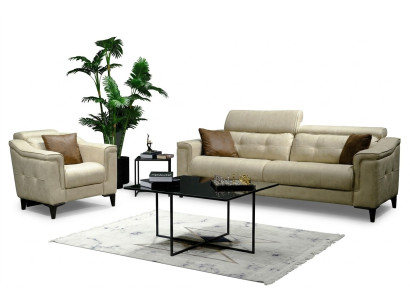 Beiger Wohnzimmer Dreisitzer Leder 3-Sitzer Polster Couch Holzgestell
