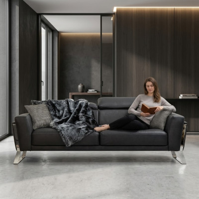 Schwarzer Wohnzimmer Dreisitzer Designer Sofa Luxus Leder 3-Sitzer Möbel