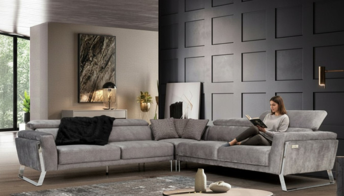 Graues Wohnzimmer Ecksofa L-Form Couch Großes Stoffsofa Luxus Möbel Neu