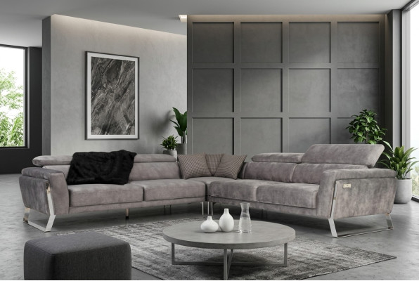Graues Wohnzimmer Ecksofa L-Form Couch Großes Stoffsofa Luxus Möbel Neu