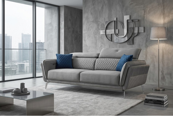 Graues Stoffsofa Luxuriöse Polstercouch Moderner Dreisitzer Textil Möbel