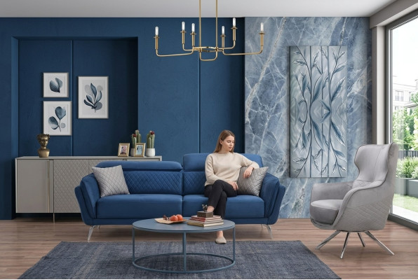 Exquisite Sofagarnitur Blauer Dreisitzer Designer Sessel Polster Möbel
