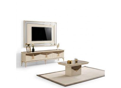 Wohnwand TV Ständer Wandpanel Couchtisch RTV Lowboard Gold 3tlg Beige