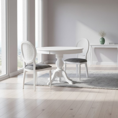 Luxus Essgruppe Esszimmer Runder Esstisch Stühle 3tlg Weiß Stoff Holz