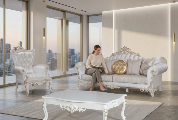 Luxuriöse Sofagarnitur für das Wohnzimmer im klassischen Stil in der Farbe Weiß