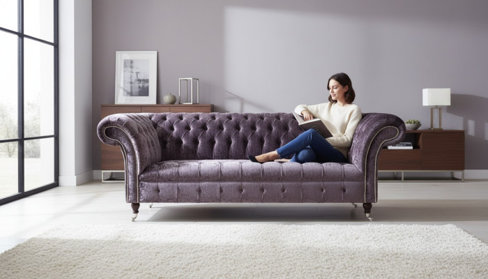 Chesterfield Couch Textil Samt Stoff Sofa Möbel Design 3 Sitzer Lila