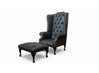 Sessel mit Hocker Designer Polstersessel Chesterfield Ohrensessel Neu