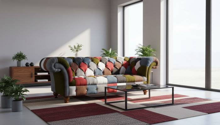 Chesterfield Couch 3 Sitzer Polster Sitz Textil Stoff Mehrfarbig Sofa