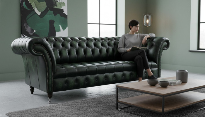 Chesterfield Couch Sofa Polster 3 Sitzer Leder Couchen Sitz Grüne Neu