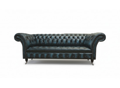 Klassischer 3 Sitz Couch Polster Sitz Chesterfield Textil Leder Blau