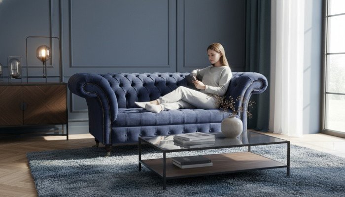 Chesterfield Design Sofa Couch 2 Sitzer Polster Blau Sofas Couchen Neu