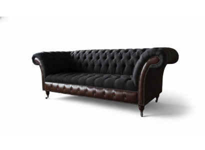 Chesterfield 3 Sitzer Sofa Couch Leder Polster Sitz Stoff Schwarz Neu
