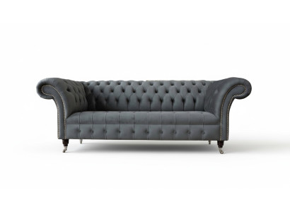 Englische Chesterfield Sofa Couch Büro Möbel Dreisitz Samt 230cm Grau