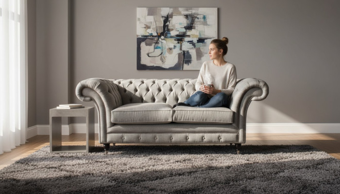 Chesterfield Grau Sofa 2 Sitz Couch Holz Möbel Dreisitzer Couchen Neu