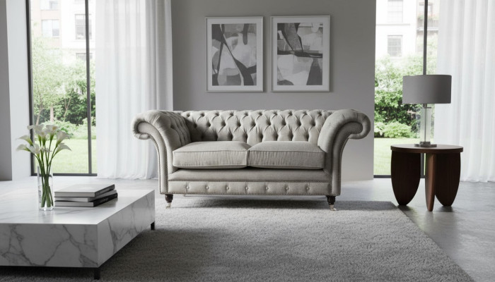 Chesterfield Grau Sofa 2 Sitz Couch Holz Möbel Dreisitzer Couchen Neu