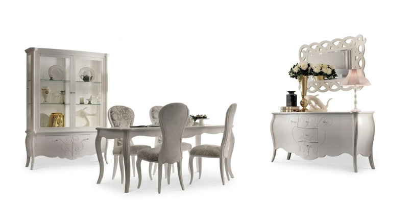 Esszimmer Set 8tlg. Esstisch 4x Stühle Sideboard Spiegel Garnitur Weiß