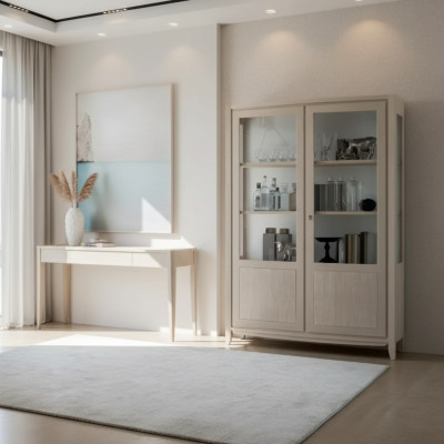 Vitrine Wohnzimmer Möbel Holz Vitrinen Glas Schrank Beige Anrichte Neu