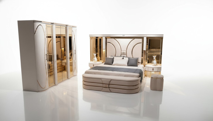 Schlafzimmer Set Bett 2x Nachttische Hocker Luxus neu 5tlg Design Holz