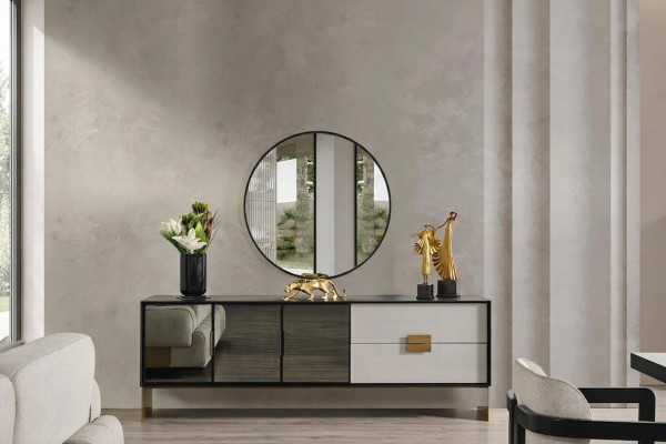 Schwarzes Wohnzimmer Set Designer Sideboard Luxus Spiegel 2tlg Set Neu