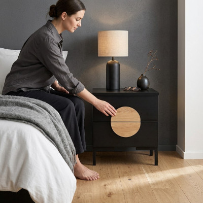 Schwarze Nachtkommode Designer Nachttisch mit 2 Schubladen Holz Möbel