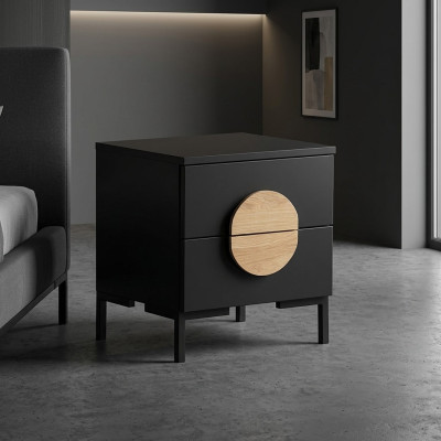 Schwarze Nachtkommode Designer Nachttisch mit 2 Schubladen Holz Möbel