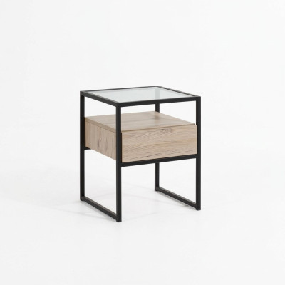 Schlafzimmer Moderner Nachttisch Glasplatte Metallgestell Holz Möbel