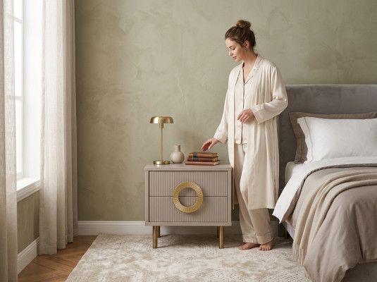 Designer Beiger Nachttisch Mit 2 Schubladen Schlafzimmer Bettkonsole